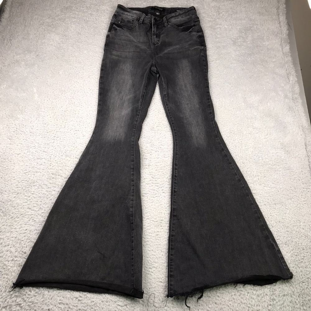Judy Blue Jeans Womens 5/27 (28x33) Faded Black Super Flare Fray Stretch Denim